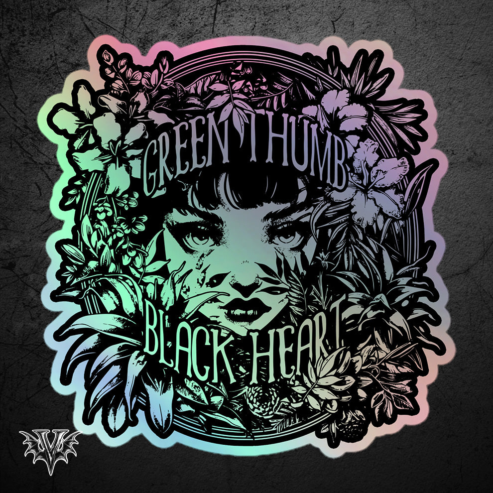 Green Thumb Black Heart Holographic Sticker