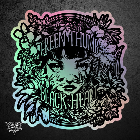 Green Thumb Black Heart Holographic Sticker